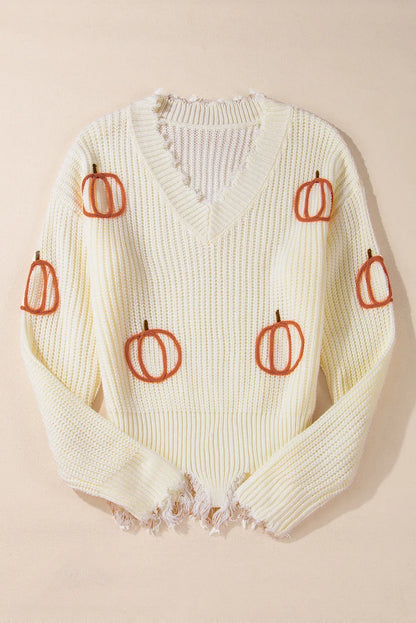 Raw Hem Pumpkin V-Neck Long Sleeve Sweater