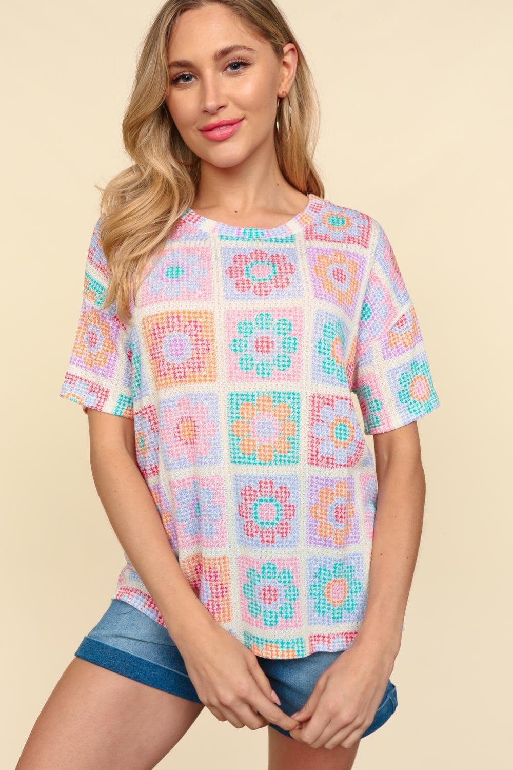 Haptics Flower Print Round Neck Short Sleeve T-Shirt Oatmeal Teal Orange