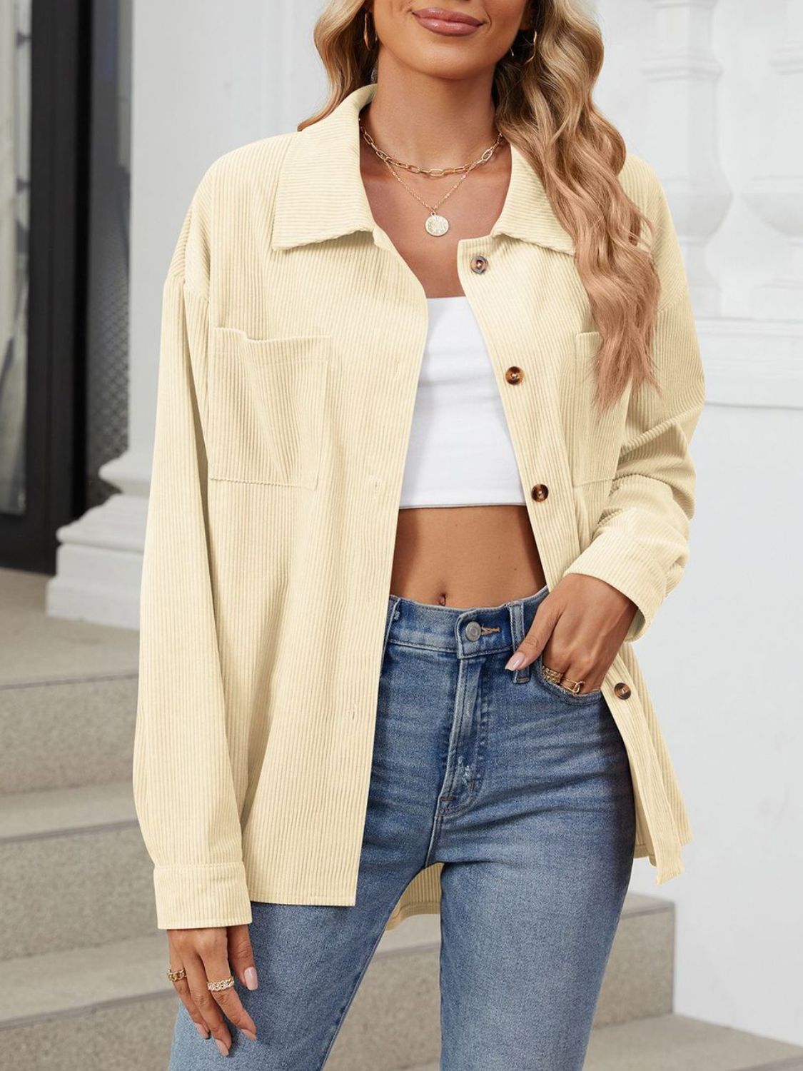 Button Up Dropped Shoulder Long Sleeve Outerwear Pastel Yellow