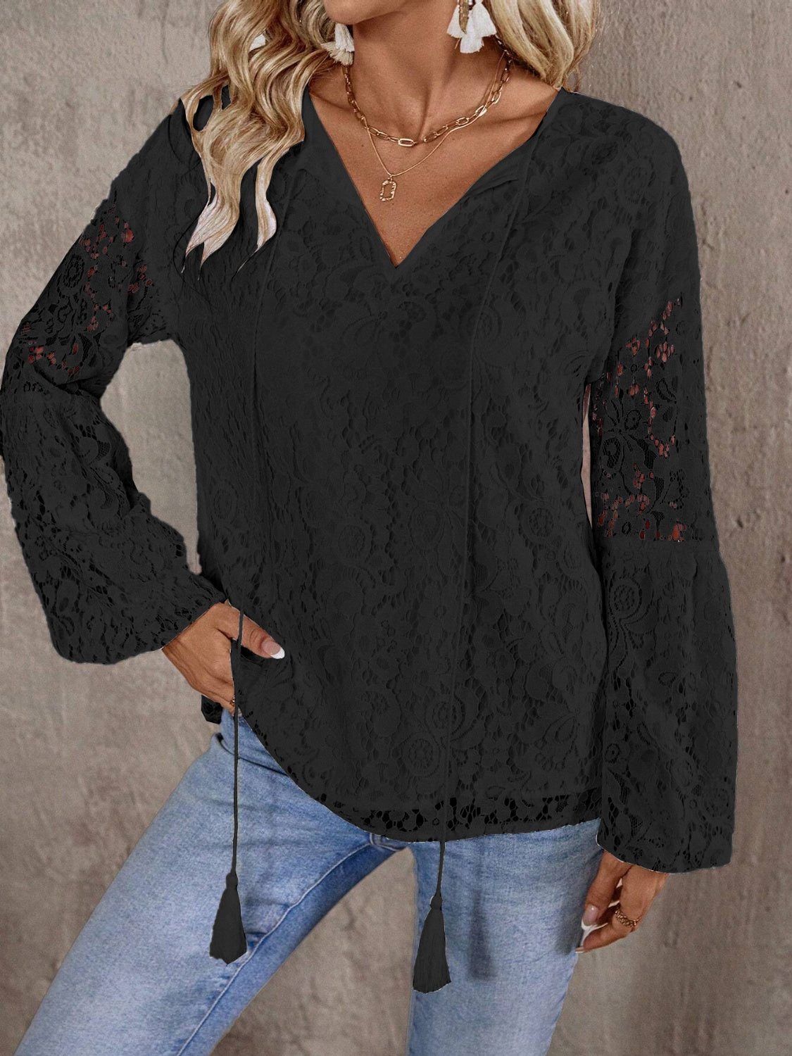 Lace Tie Neck Long Sleeve Blouse Black