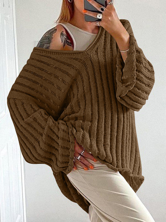 V-Neck Long Sleeve Sweater Coffee Brown