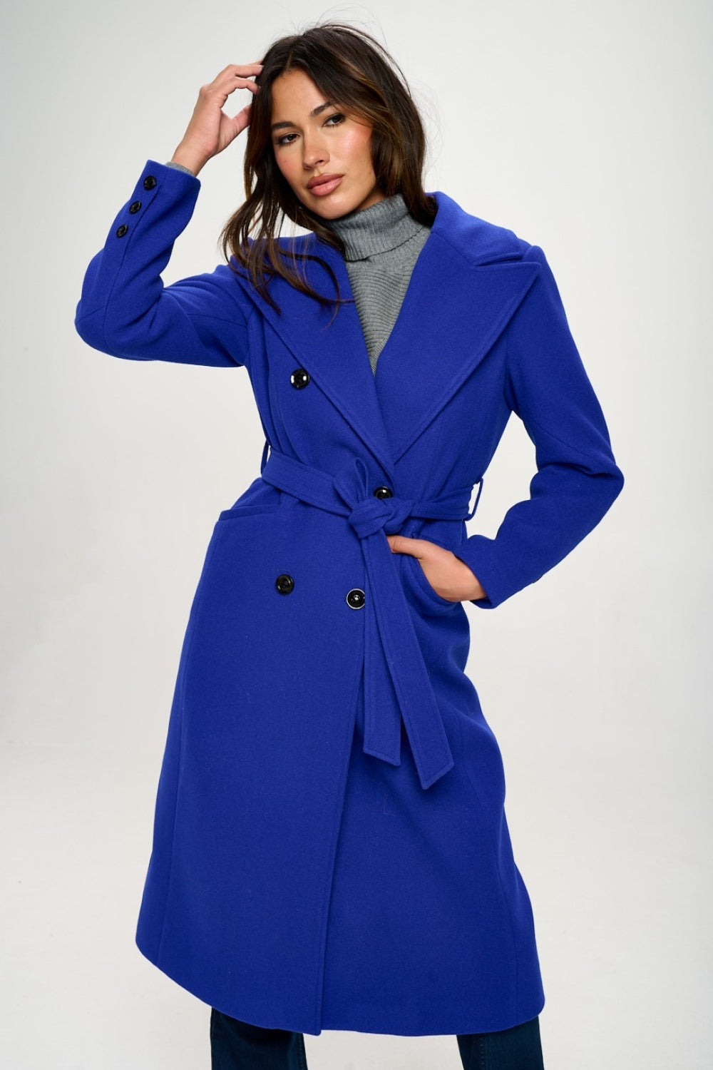 Coalition LA Double-Breasted Longline Coat with Belt Royal Blue