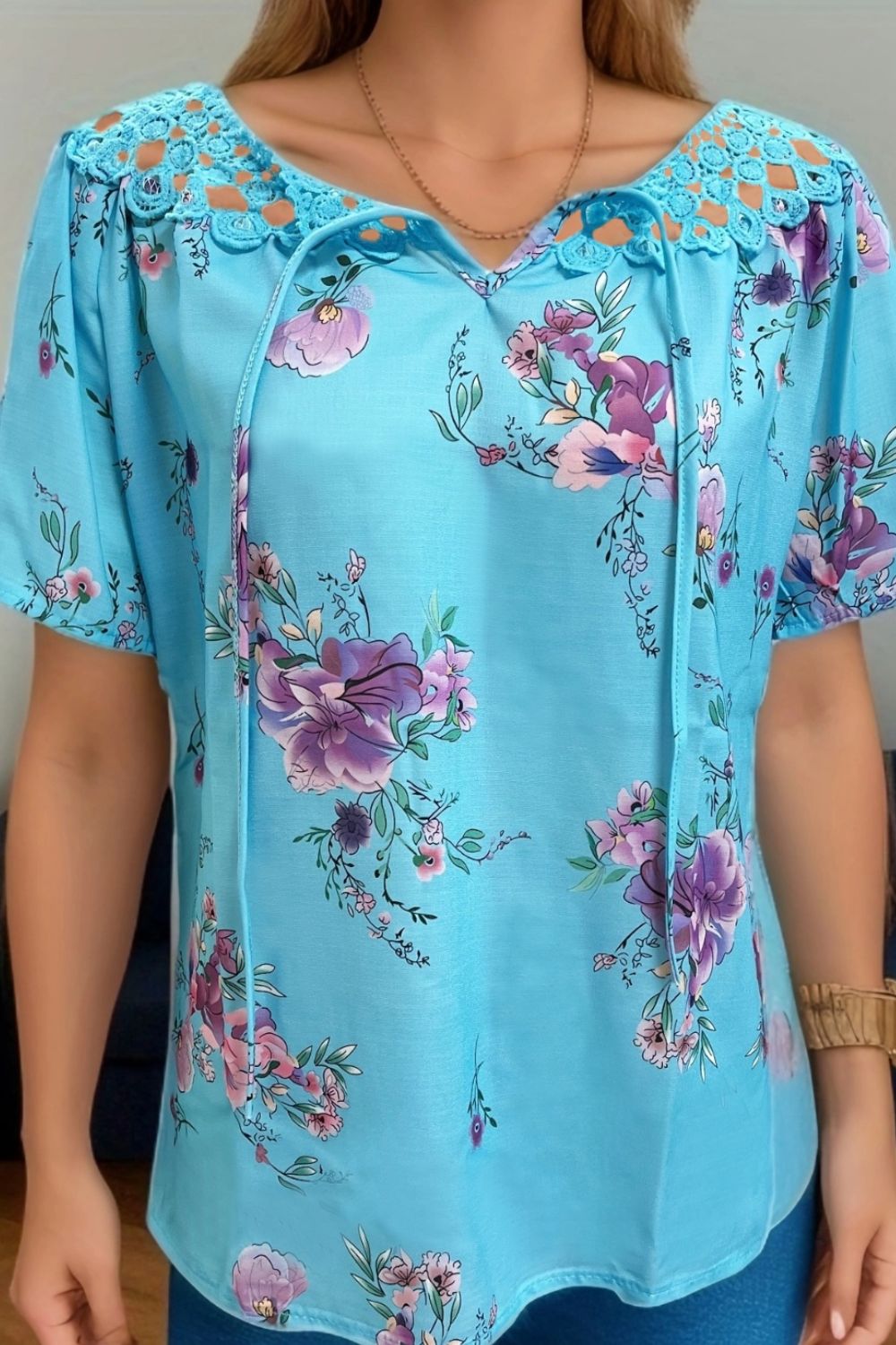 Full Size Printed Tie Neck Short Sleeve Blouse Pastel Blue