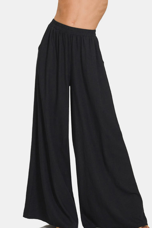 Zenana Pleated Linen Blend Wide Leg Pants Black