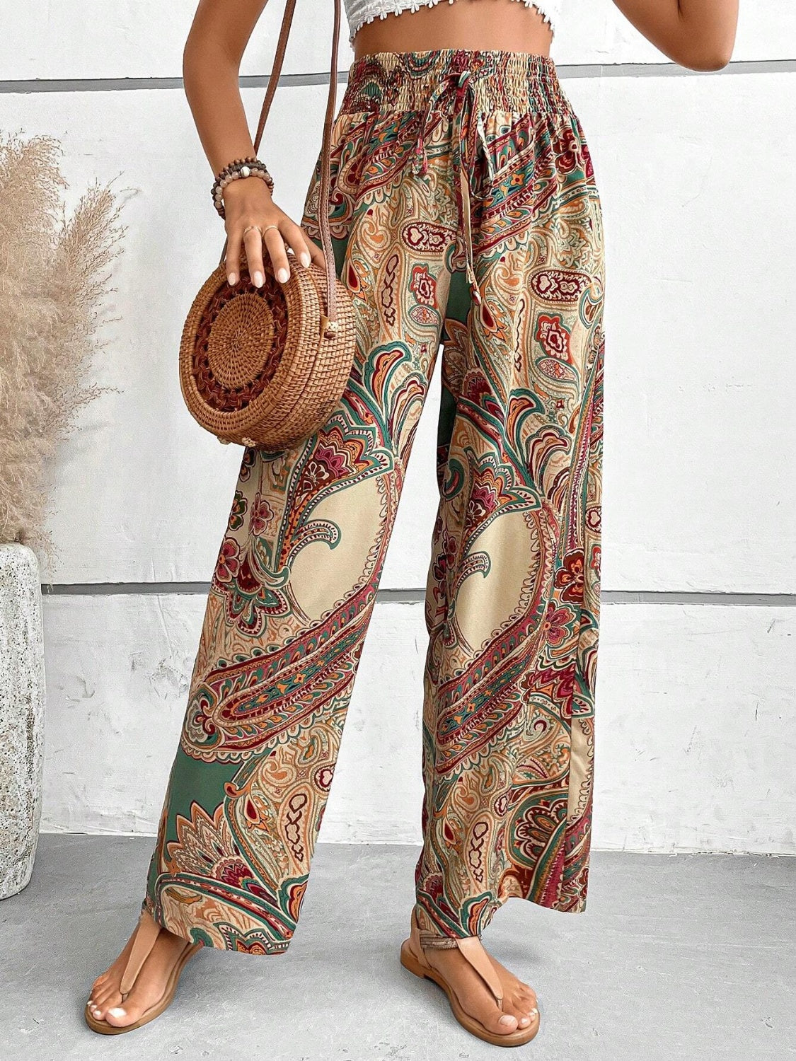 Tie Waist Printed Wide Leg Pants