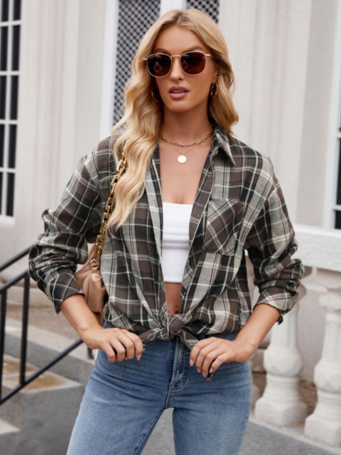 Pocketed Plaid Collared Neck Long Sleeve Shirt