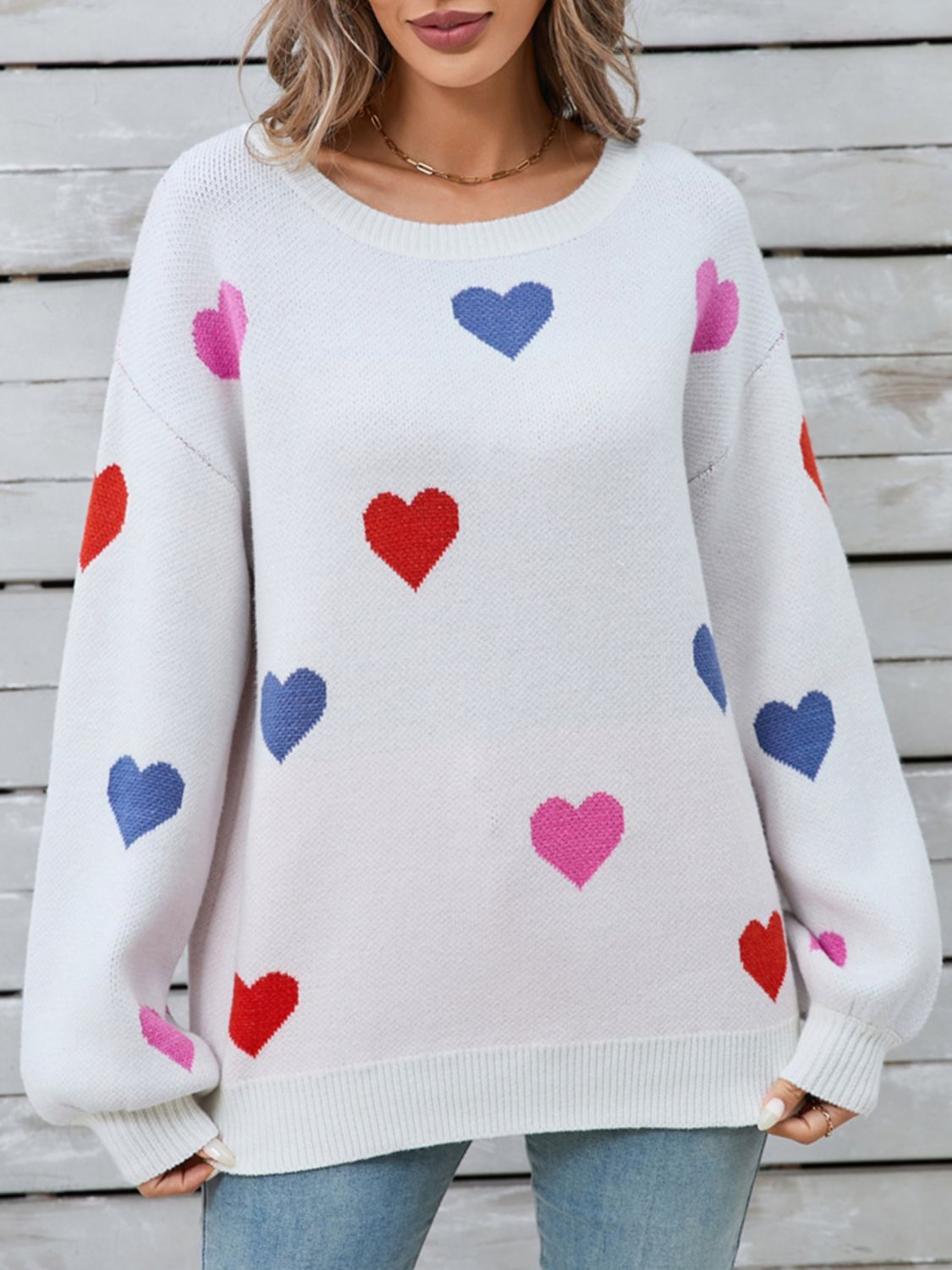 Angel Wings Heart Round Neck Long Sleeve Sweater White