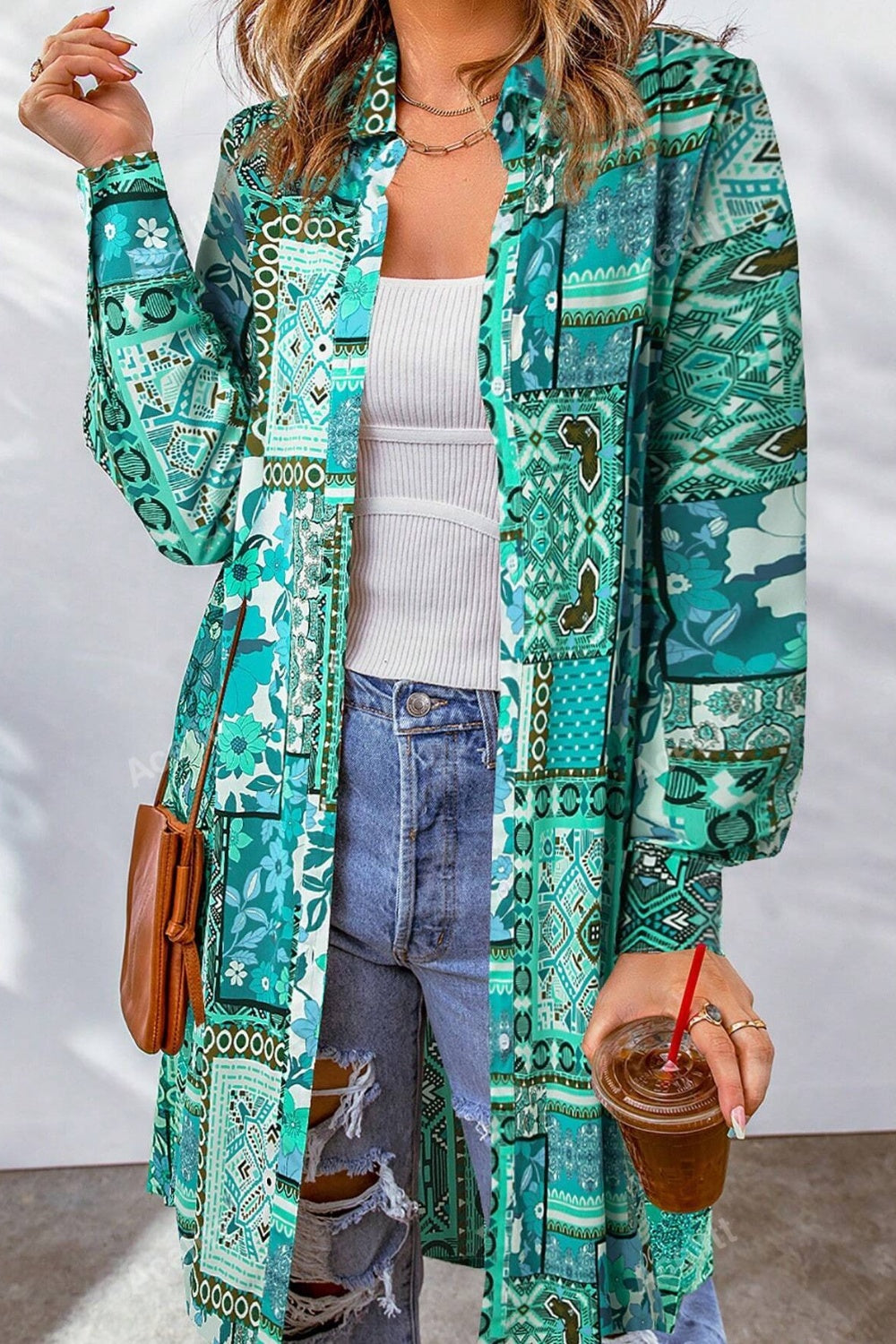 Printed Button Up Long Sleeve Cardigan Turquoise