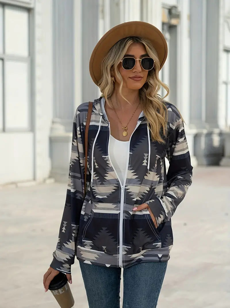 Geometric Hooded Sweatshirt Jacket