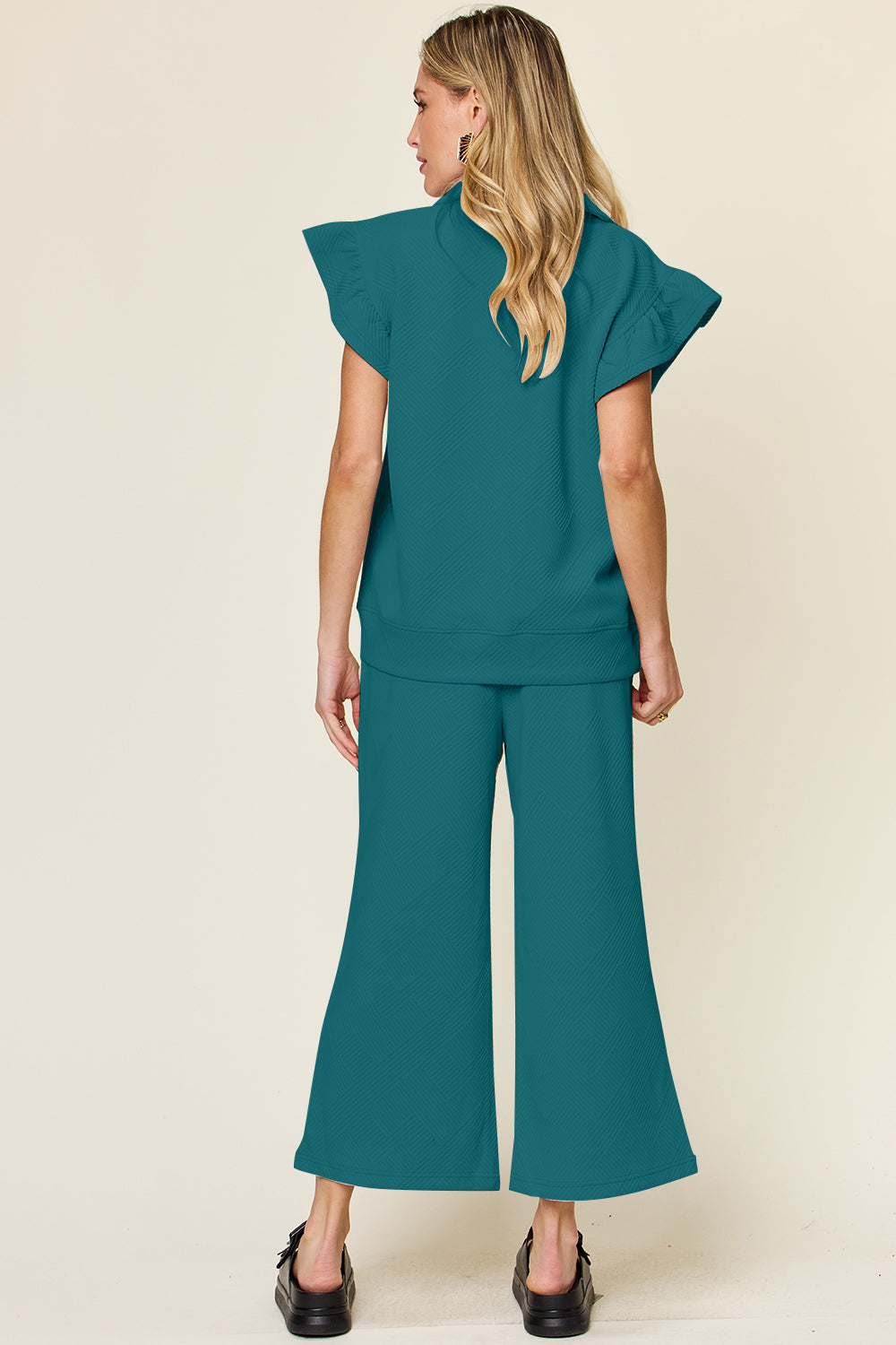 Textured Ruffle Top & Drawstring Wide Leg Pants Set