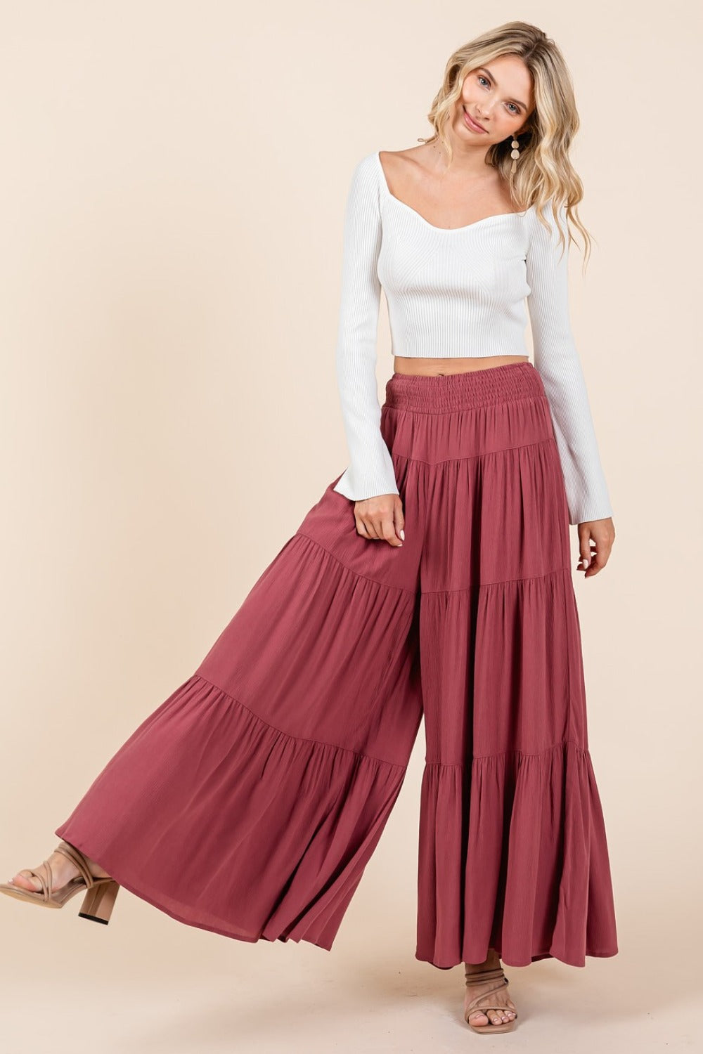 Mittoshop Tier Detail Smocked Elastic Waist Wide Leg Pants Sienna