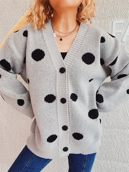 Polka Dot Button Up Cardigan Light Gray One Size