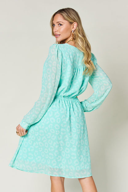 Printed Ruched V-Neck Long Sleeve Dress