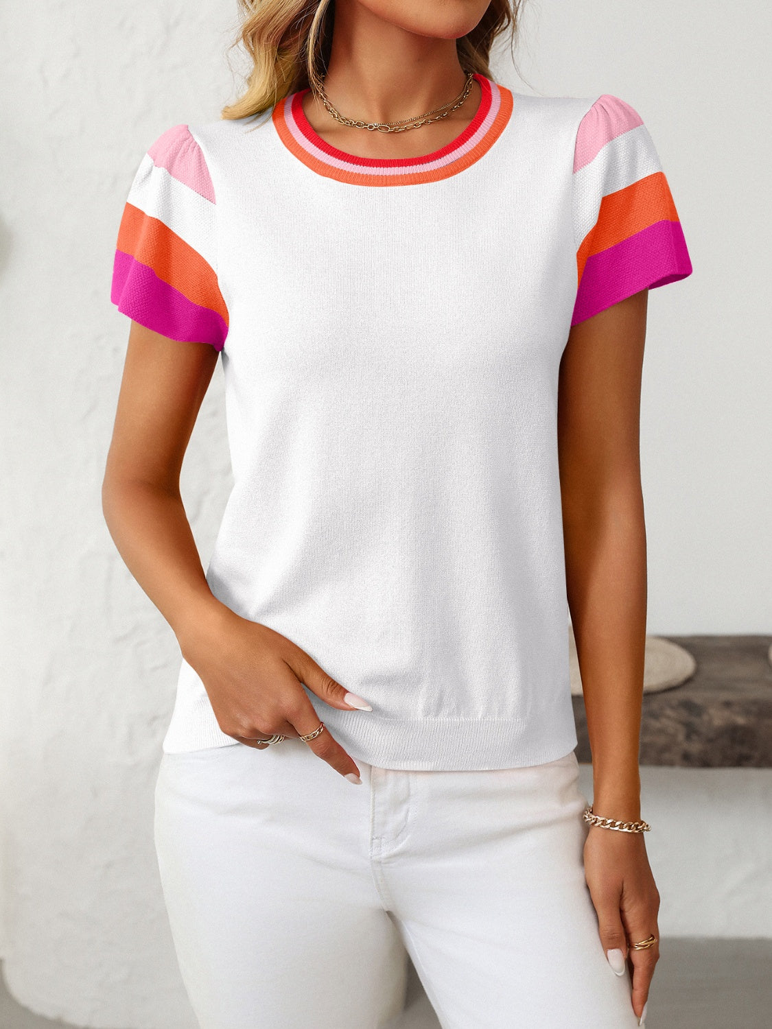 Mandy Contrast Round Neck Short Sleeve Knit Top White