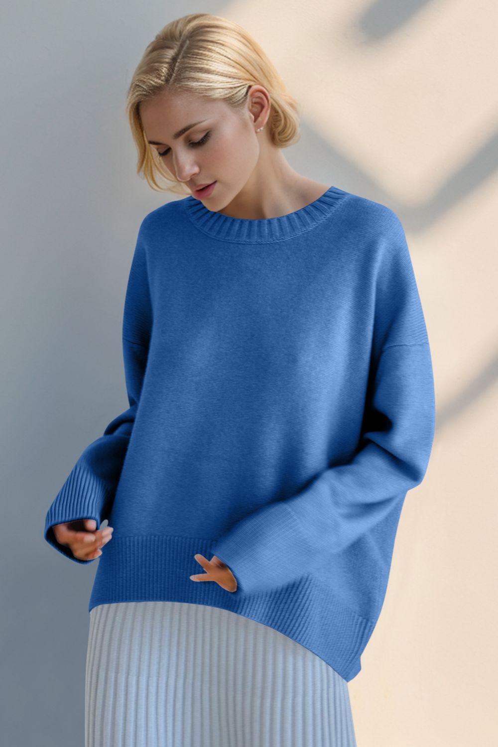 Basic Bae Round Neck Dropped Shoulder Sweater Blue One Size