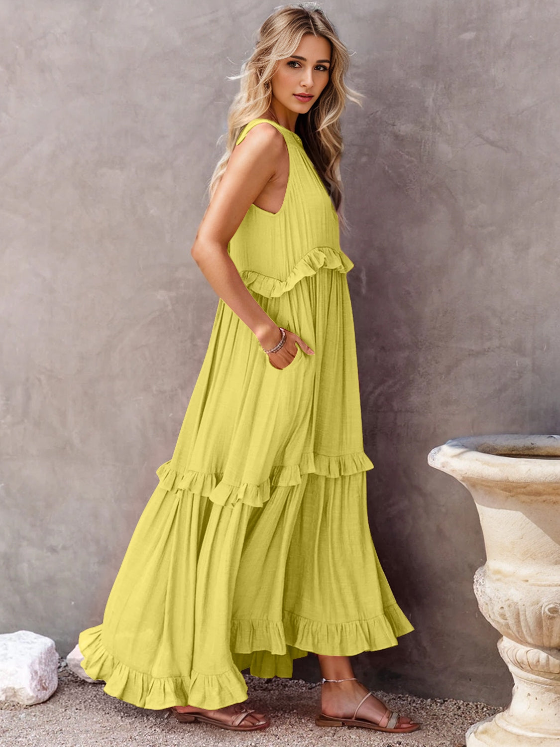 Smocked Tiered Maxi Dress with Pockets Chartreuse