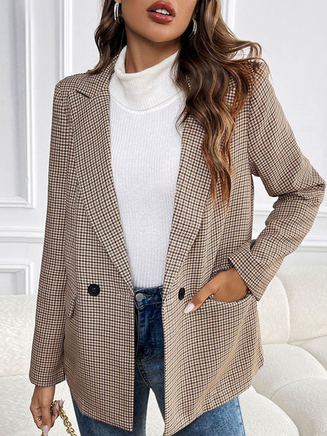 Perfee Plaid Lapel Collar Long Sleeve Blazer Camel