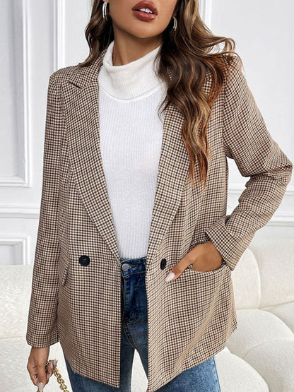 Perfee Plaid Lapel Collar Long Sleeve Blazer Camel