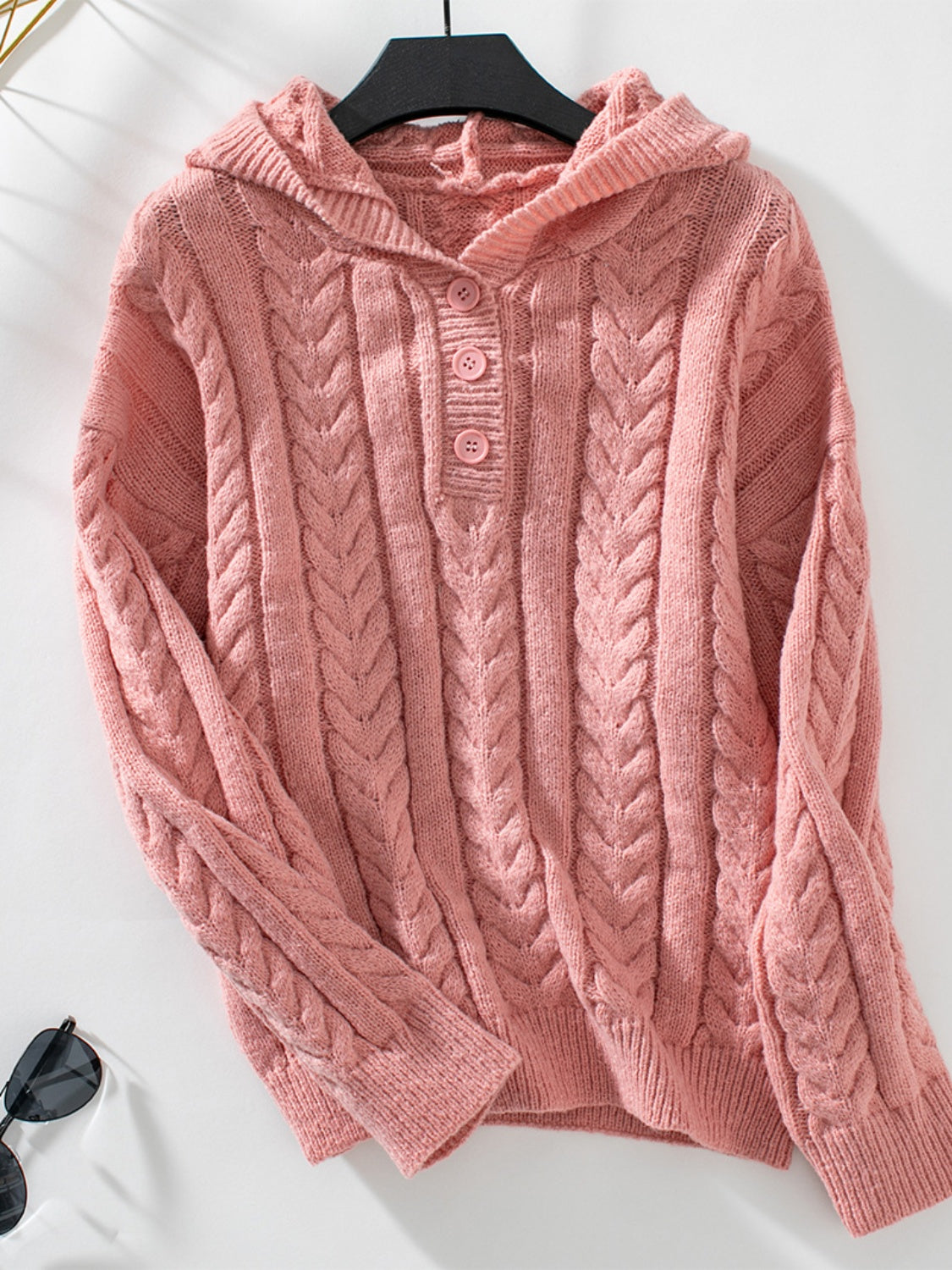 Cable-Knit Long Sleeve Hooded Sweater Burnt Coral