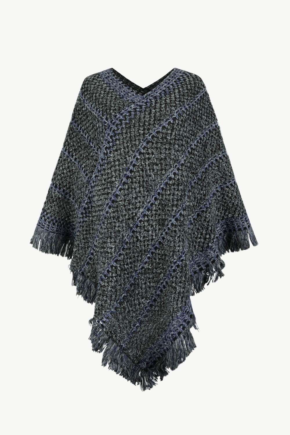 V-Neck Fringe Hem Poncho Dark Gray One Size