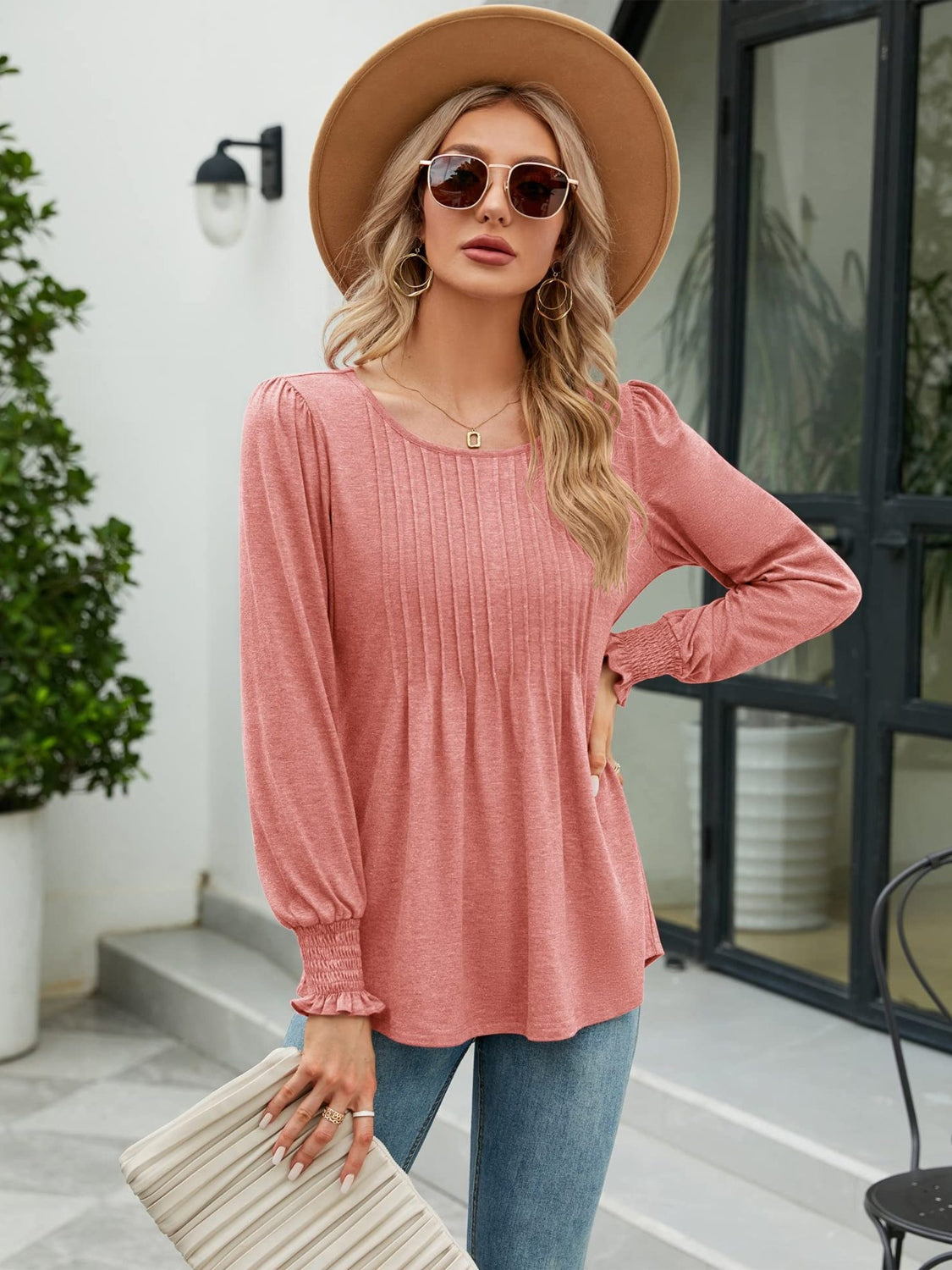 Smocked Round Neck Lantern Sleeve Blouse Burnt Coral