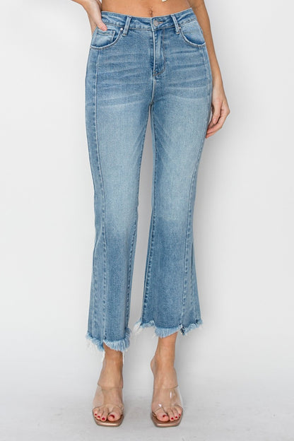 RISEN Full Size High Rise Frayed Hem Flare Jeans Light