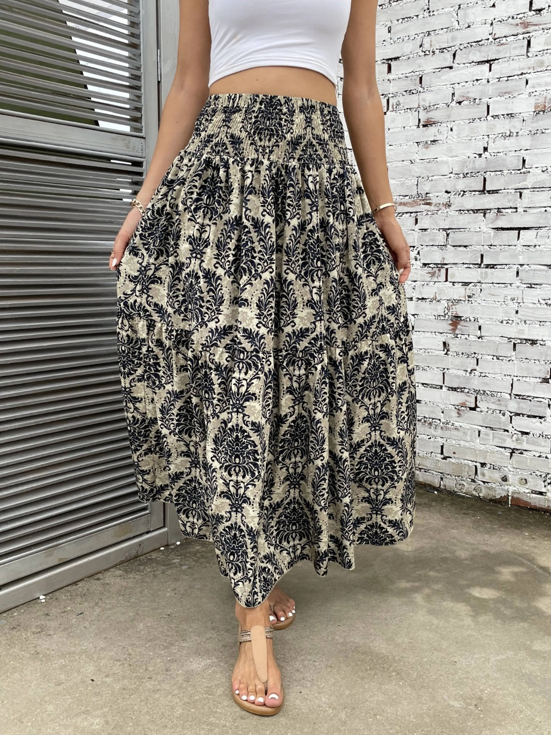 Printed Elastic Waist Maxi Skirt Black