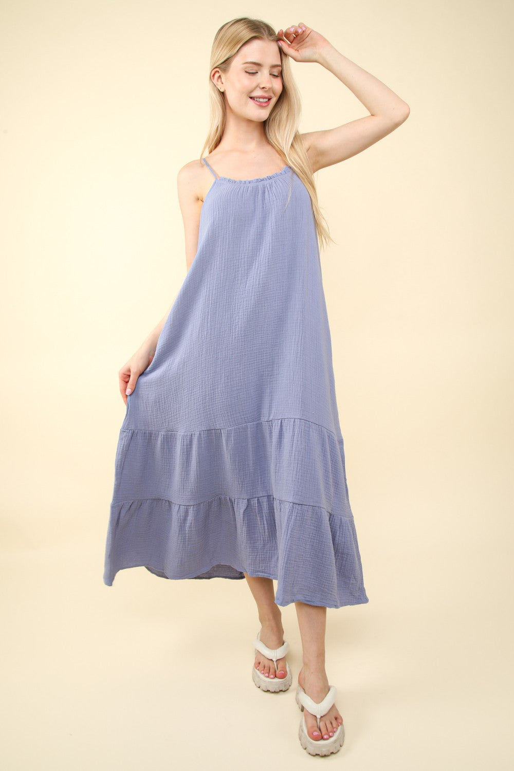 Tiered Cotton Midi Dress Denim