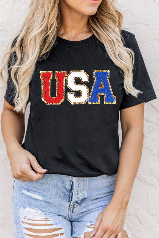 USA Round Neck Short Sleeve T-Shirt Black
