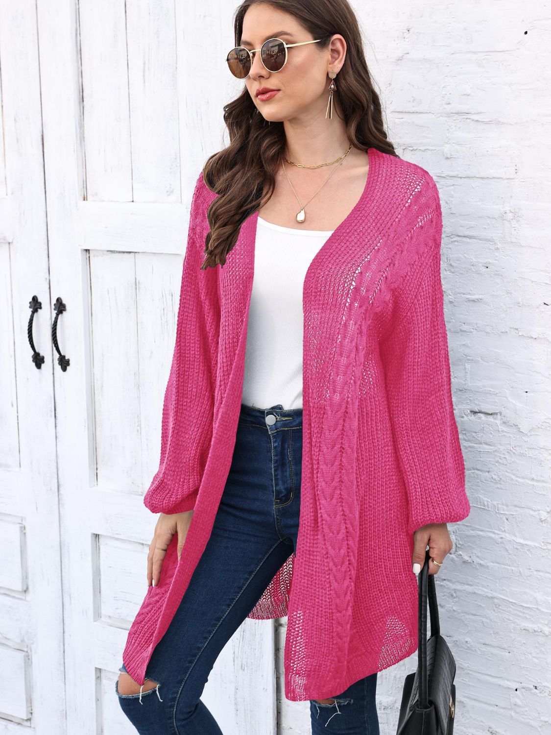 Cable-Knit Open Front Long Sleeve Cardigan Deep Rose One Size