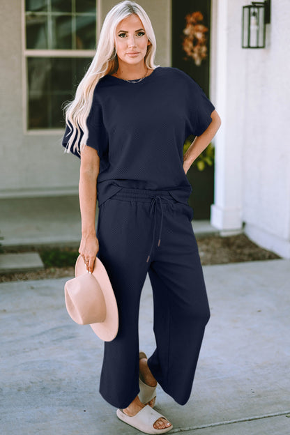 Textured Drawstring Waistband Pants and Top Set Navy