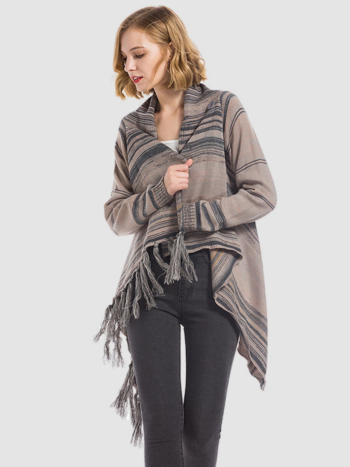 Angel Wings Tassel Striped Open Front Long Sleeve Cardigan Dark Gray