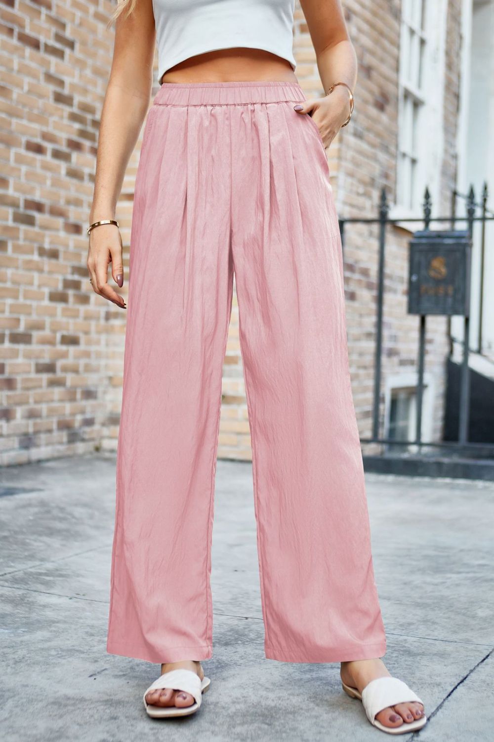 Elastic Waist Wide Leg Pants Blush Pink