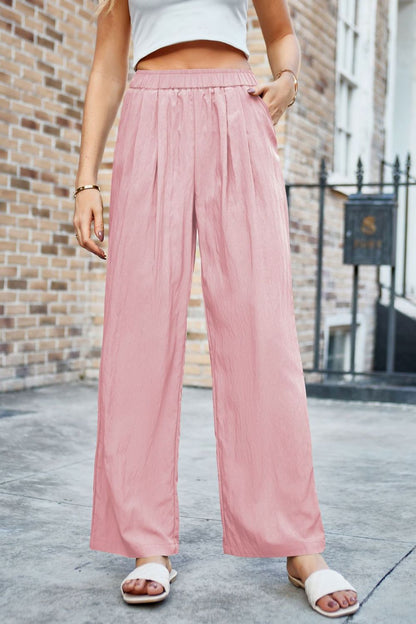 Elastic Waist Wide Leg Pants Blush Pink