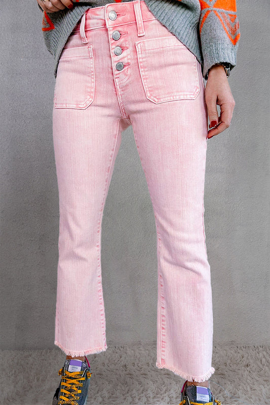 Raw Hem Button-Fly Jeans with Pockets Blush Pink