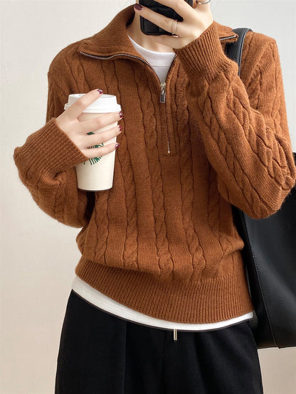 Cable-Knit Half Zip Long Sleeve Sweater Caramel One Size