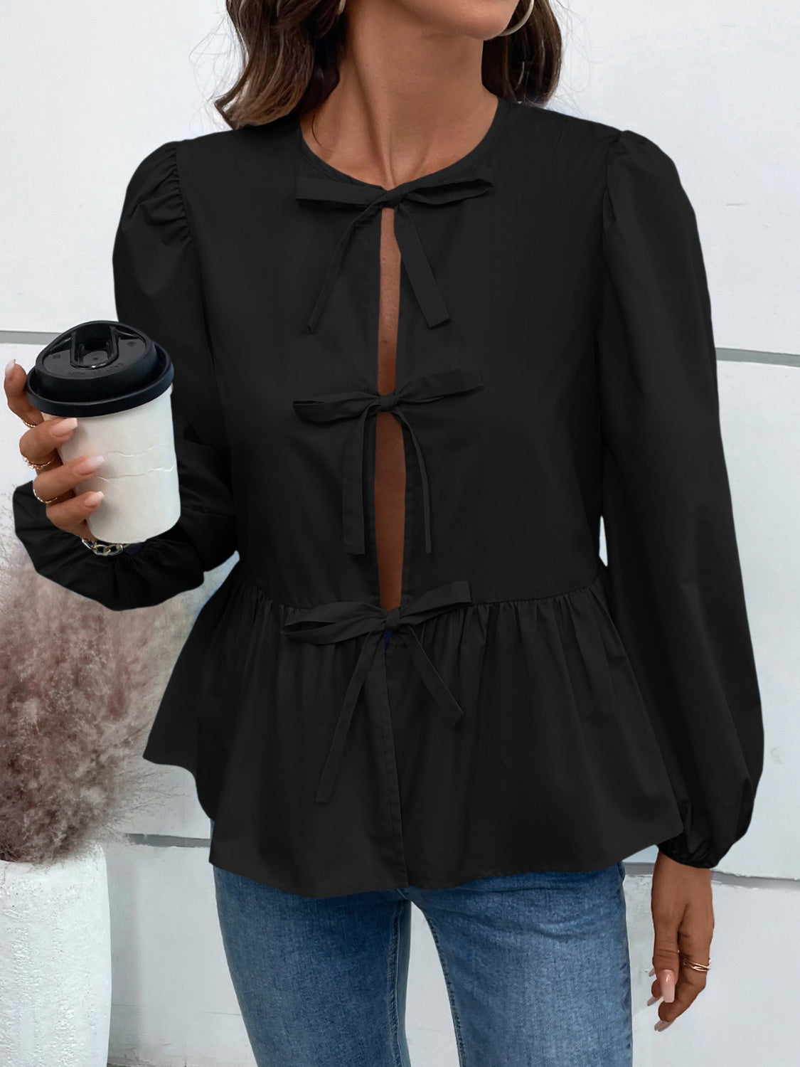 Peplum Tied Long Sleeve Blouse Black