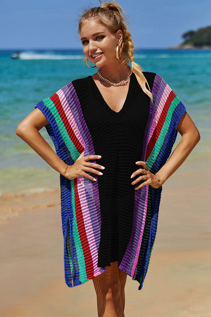 Lightweight Openwork Striped Knit Beach Cover-Up