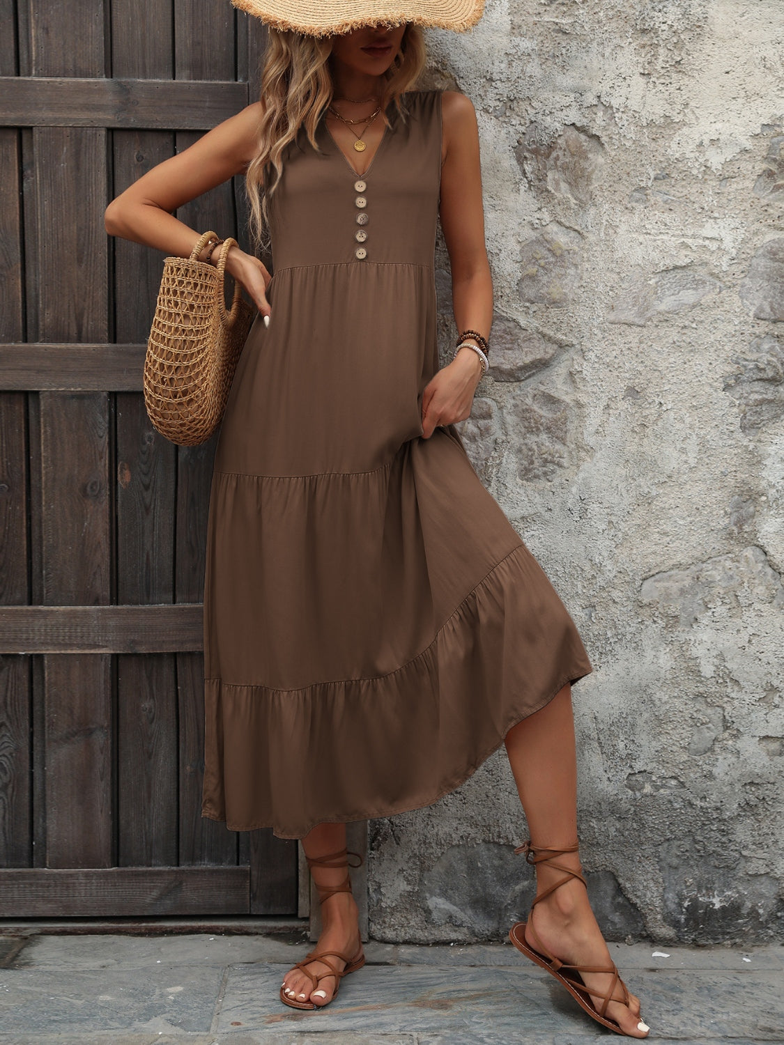 Cotton Sleeveless Dress with Decorative Buttons