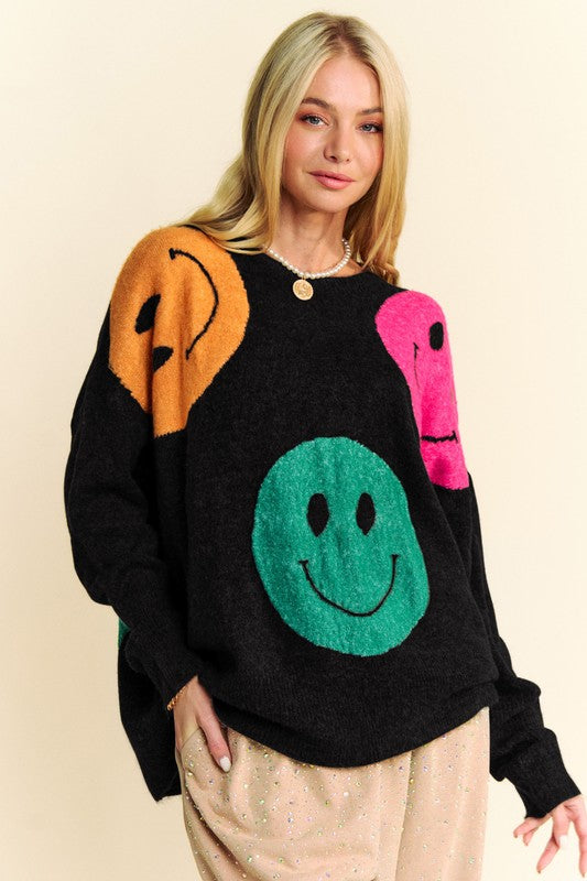 Davi & Dani Contrast Smile Round Neck Oversize Sweater Black