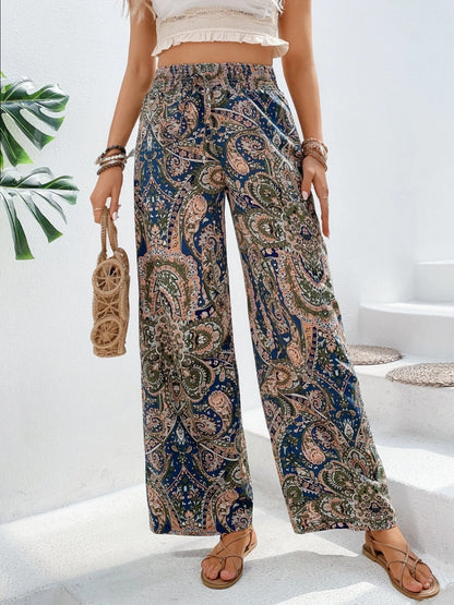 Tie Waist Printed Wide Leg Pants Peacock Blue