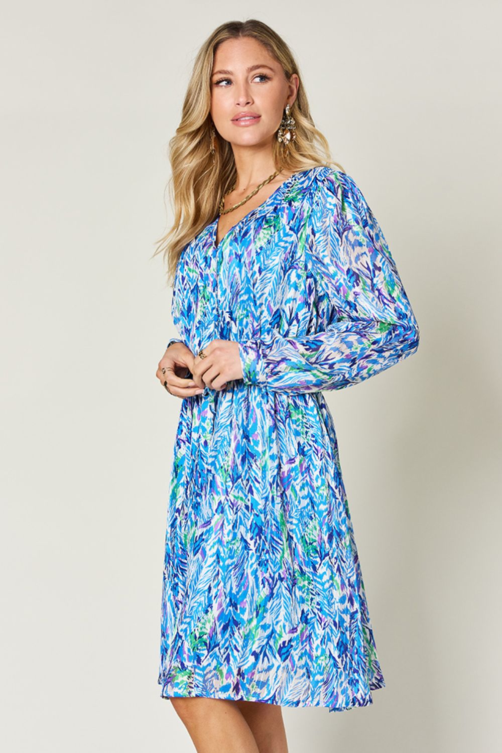 Printed Long Sleeve Drawstring Dress