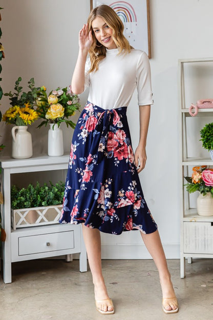 Reborn J Floral Wrap Ruffled Skirt Navy