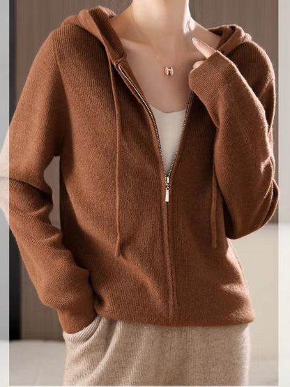 Drawstring Zip Up Long Sleeve Hooded Sweater Caramel One Size