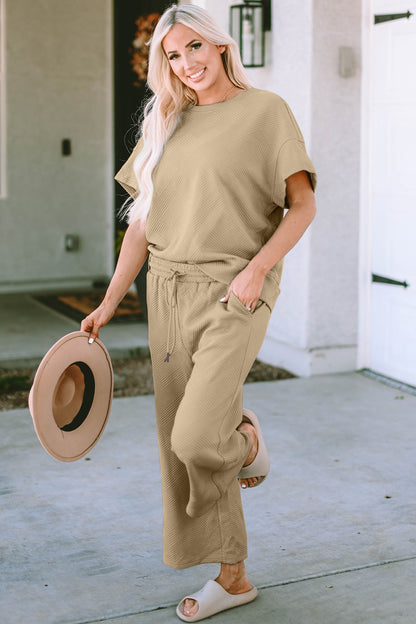 Textured Drawstring Waistband Pants and Top Set Camel