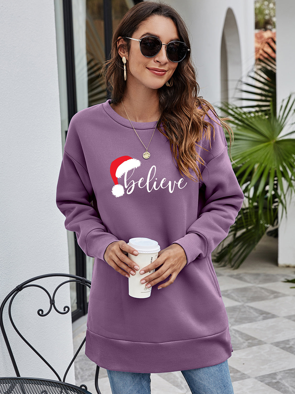 BELIEVE Graphic Tunic Sweatshirt Dusty Purple