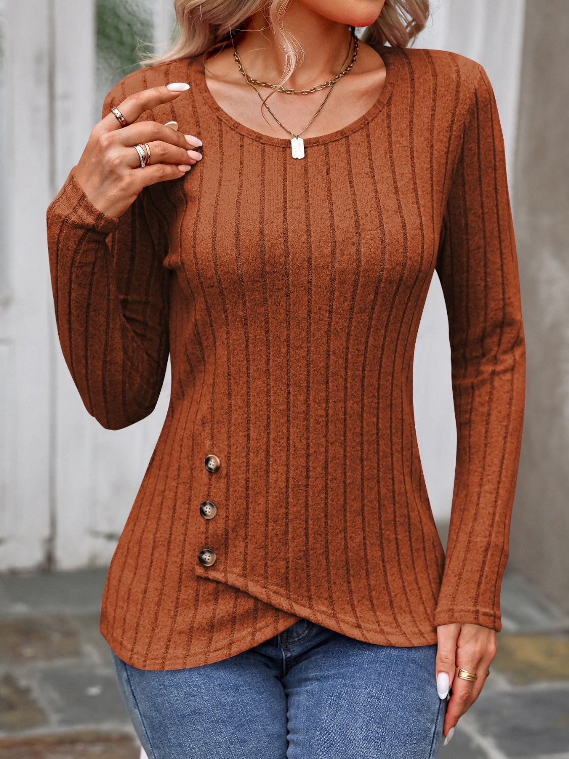 Decorative Button Round Neck Long Sleeve T-Shirt Caramel