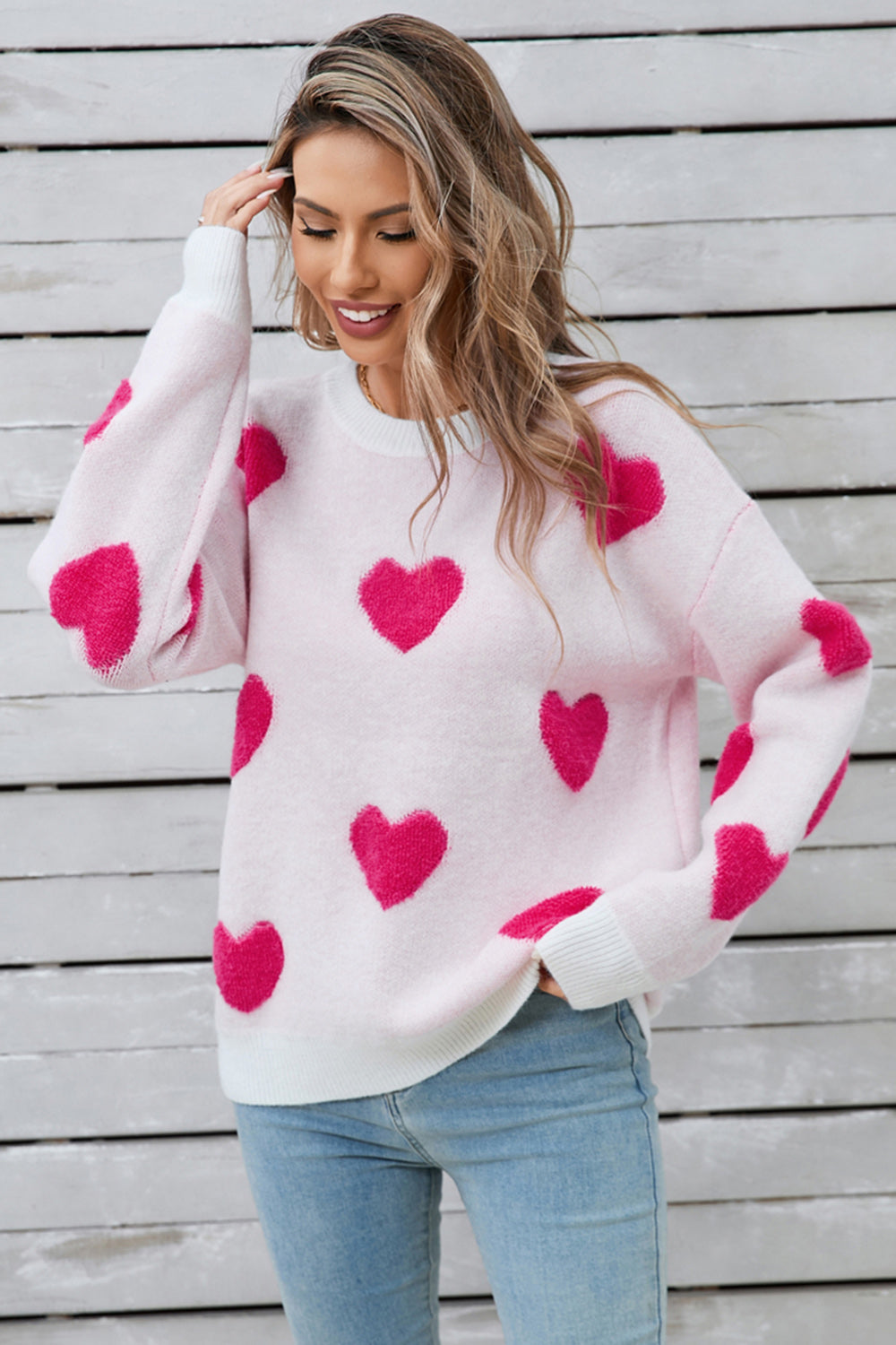 Angel Wings Heart Round Neck Long Sleeve Sweater Hot Pink