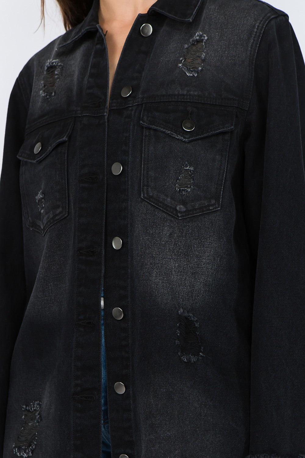 Women's Distressed Denim Jacket with Frayed Hem