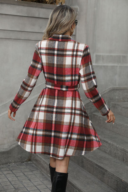 Plaid Tie Waist Long Sleeve Outerwear